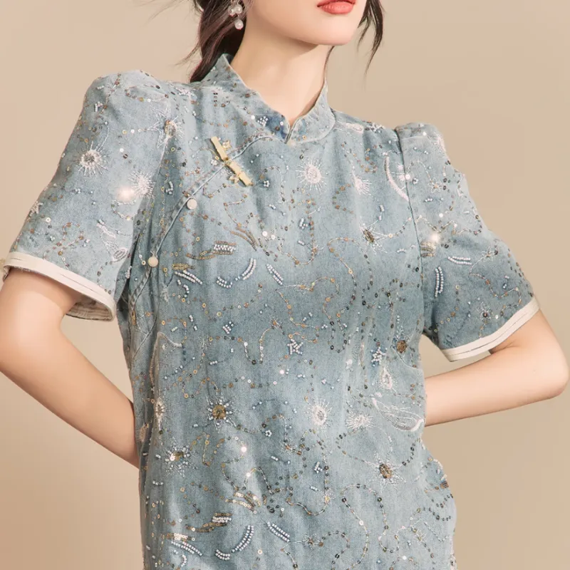 QIAOYUHUAZUN Short Sleeved Dresses Women's Blue-1