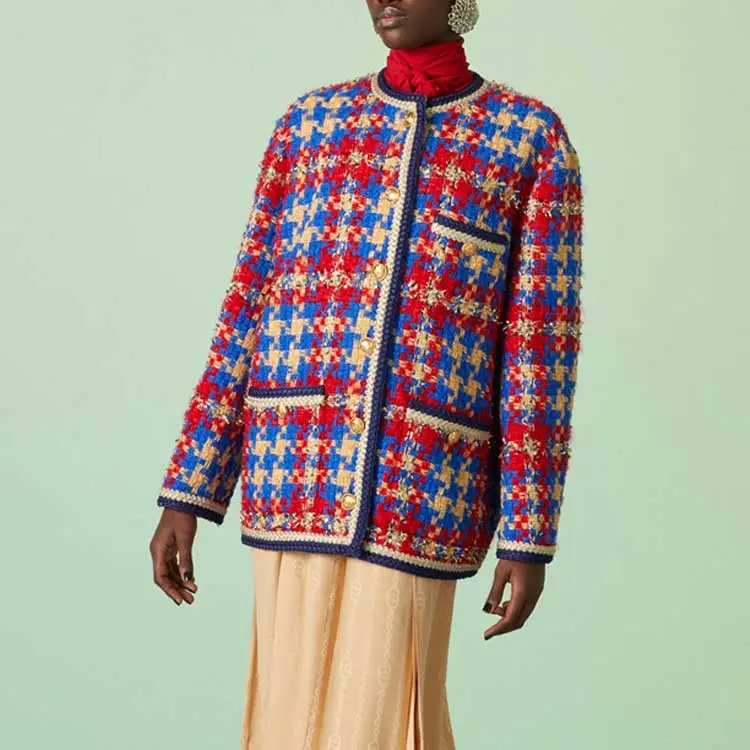GUCCI Lamé Check Wool Tweed Jacket Blue Multicolour-3