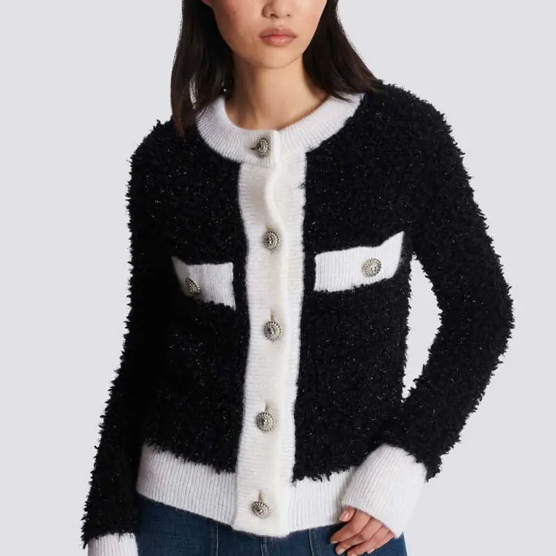 BALMAIN Glitter Detailed Contrasted Trim Cardigan-5