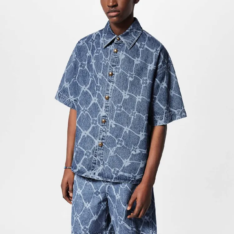 LOUIS VUITTON Monogram Printed Short Sleeved Denim Shirt-3