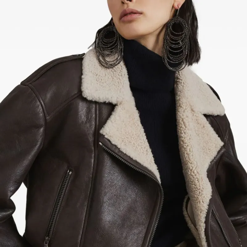 Brunello Cucinelli Shearling Collar Cropped Biker Jacket-5