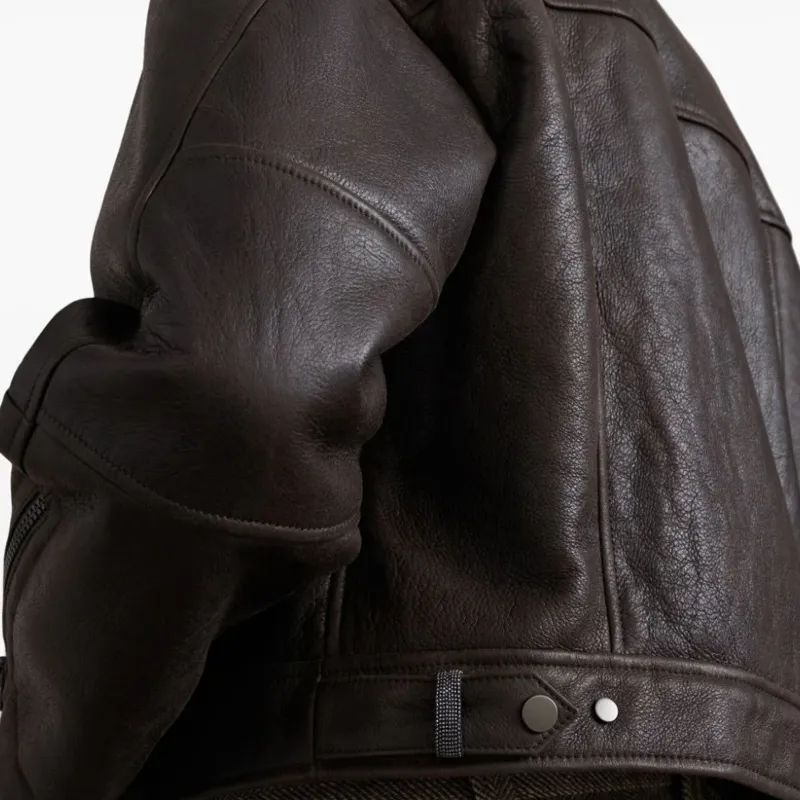 Brunello Cucinelli Shearling Collar Cropped Biker Jacket-4