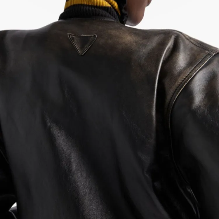 PRADA Logo appliqué Leather Bomber Jacket-4