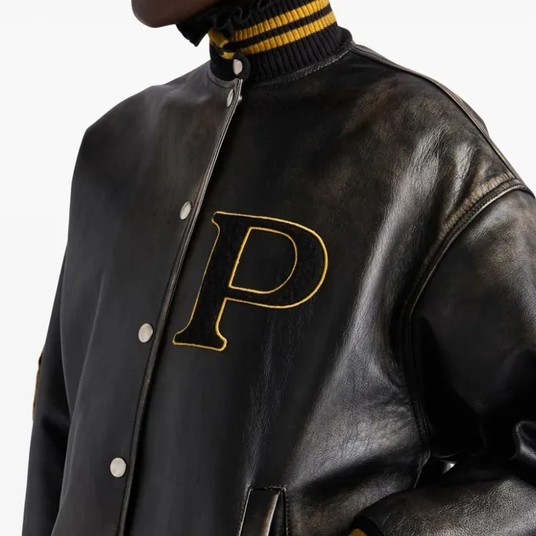 PRADA Logo appliqué Leather Bomber Jacket-3