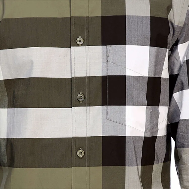 Burberry Mens Check Collar Long-Sleeve Shirt Olive Green-4