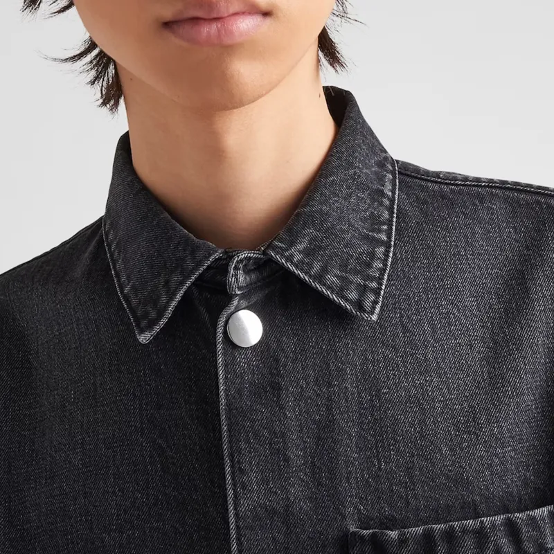 PRADA Logo Plaque Short Sleeved Denim Shirt-4