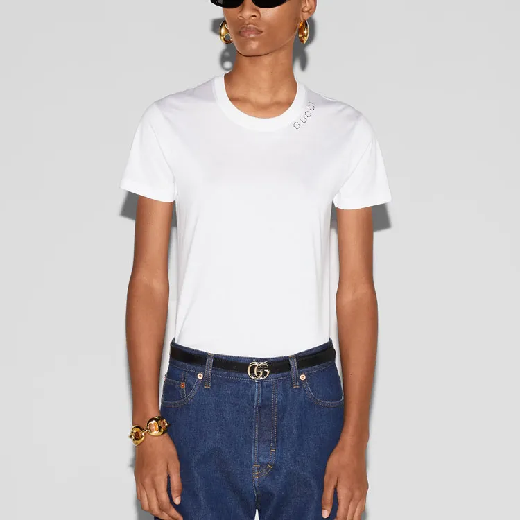 GUCCI Crystal logo Cotton T shirt-2