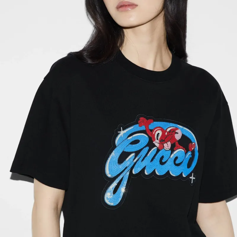 GUCCI FW24 Drop Shoulder Sleeve T Shirt Women's Black-2
