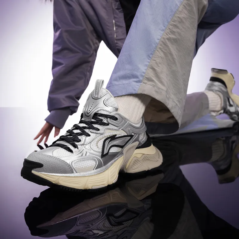 LiNing Star Shock Absorbers Slip Resistant, Abrasion Resistant, Breathable Low Top Chunky Sneakers Women's Silver White-7