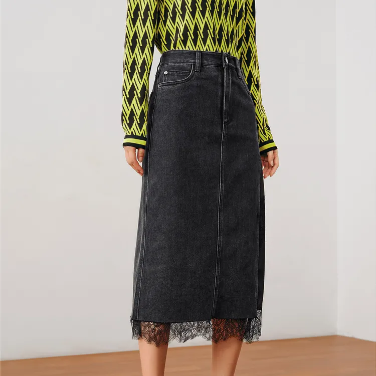 JZ. ANNAKRO Denim Long Skirts Women's Plain Black-4