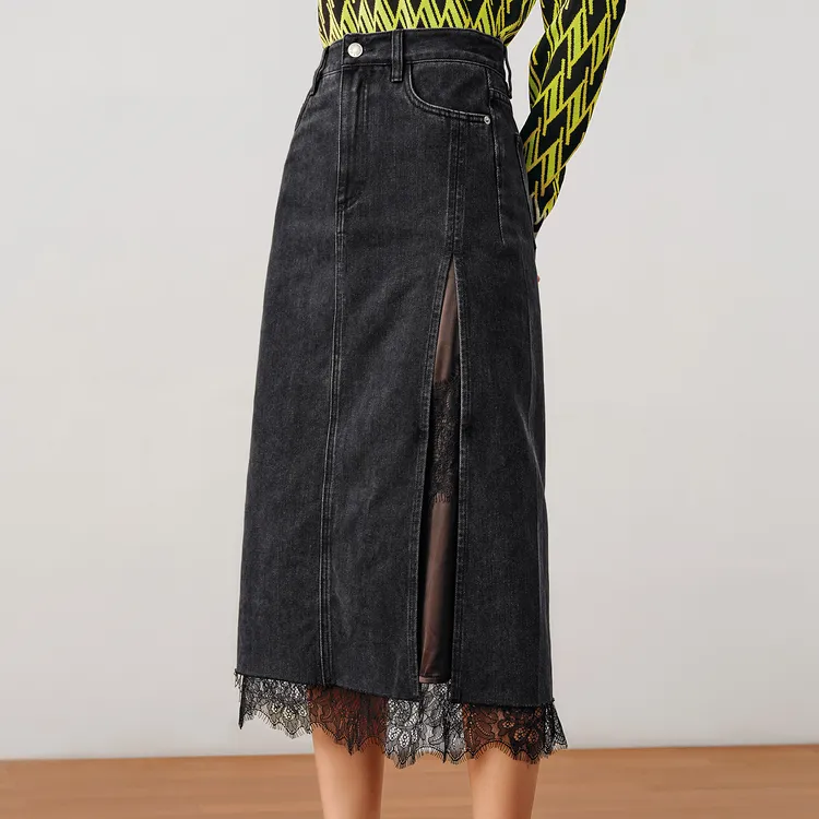 JZ. ANNAKRO Denim Long Skirts Women's Plain Black-6