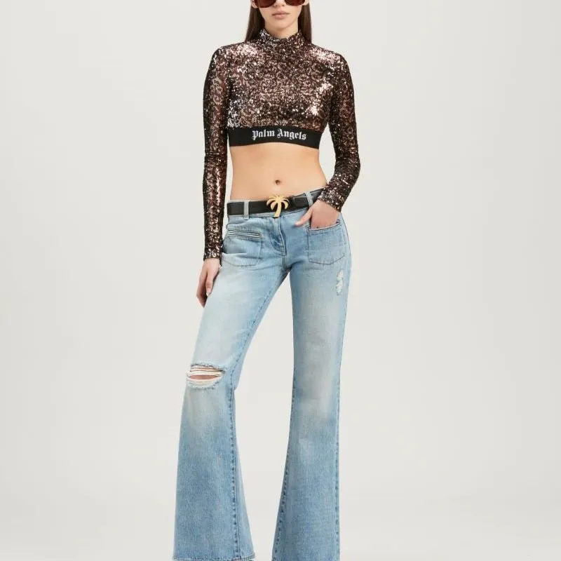 PALM ANGELS Logo strap Sequin Cropped Top-1