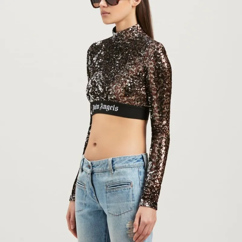 PALM ANGELS Logo strap Sequin Cropped Top-2