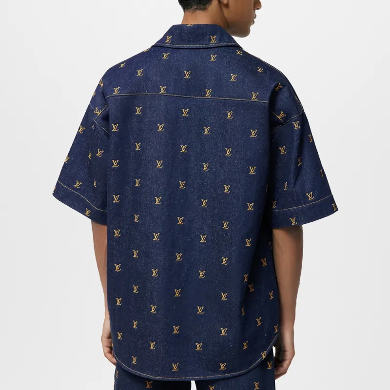 LOUIS VUITTON Embroidered Signature Short Sleeved Denim Shirt-2