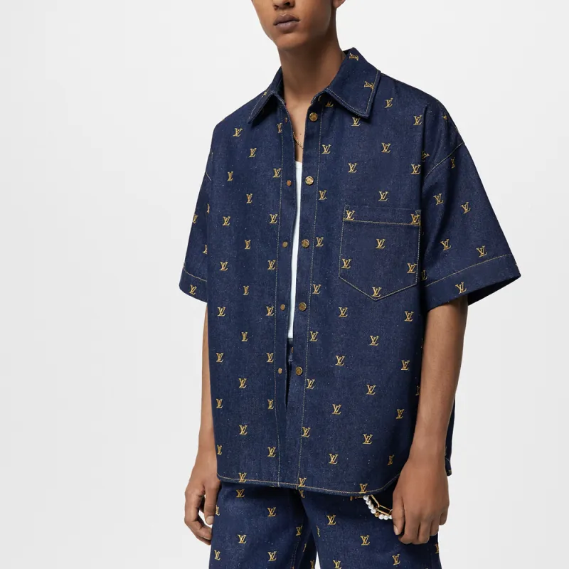LOUIS VUITTON Embroidered Signature Short Sleeved Denim Shirt-1