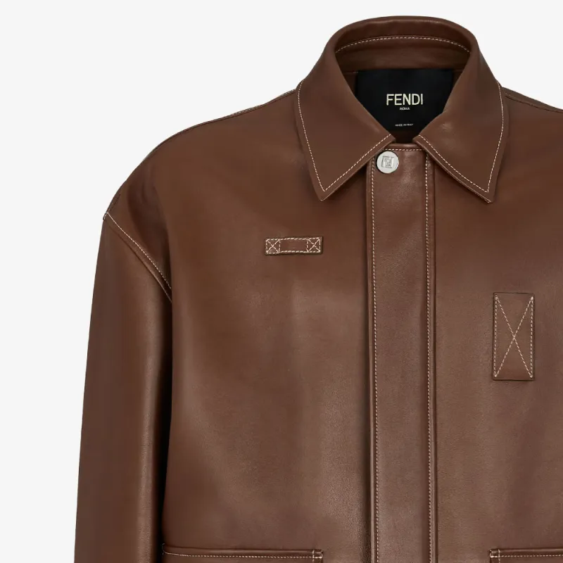 FENDI Leather Jacket Men's Brown-3