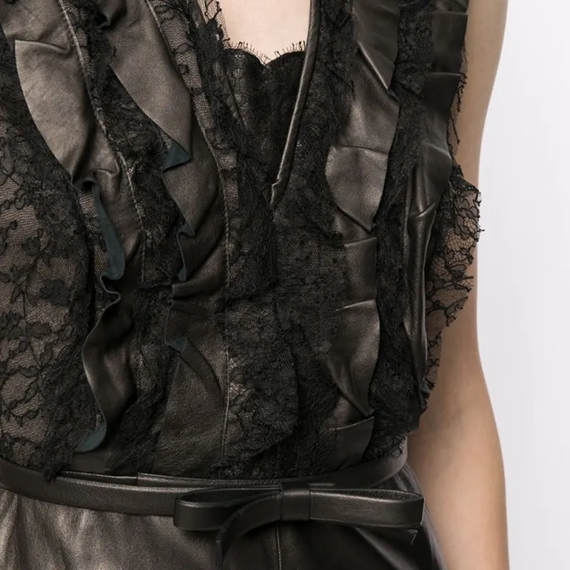 Valentino Garavani Pre-Owned Ruffled Detailing Sleeveless Leather Dress-4