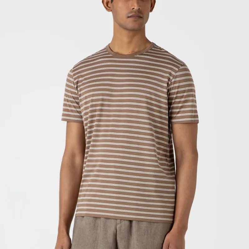 SUNSPEL Stripes Crew Neck Pullover Short-Sleeved T-Shirt Men's Brown-1