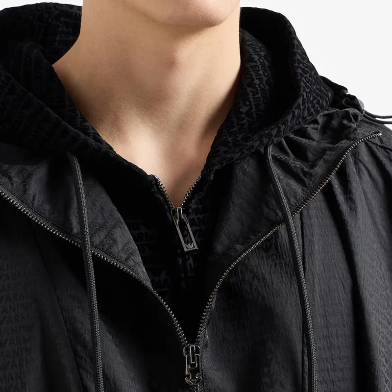 EMPORIO ARMANI Logo Flocked Zip Up Drawstring Hoodie-5