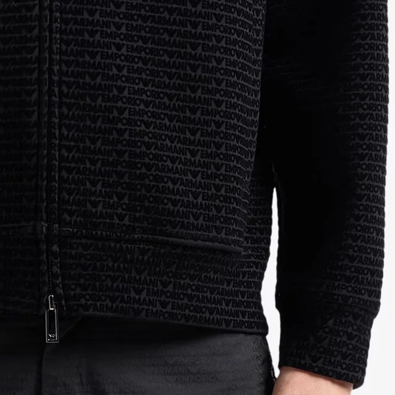EMPORIO ARMANI Logo Flocked Zip Up Drawstring Hoodie-3