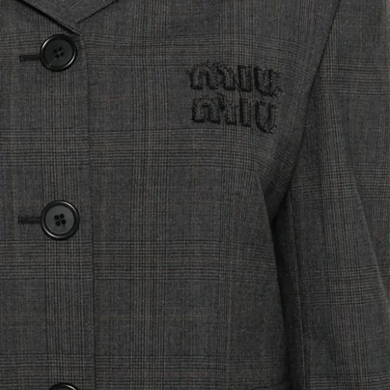 MIU MIU Tartan Print Cropped Jacket 'Slate Grey'-6