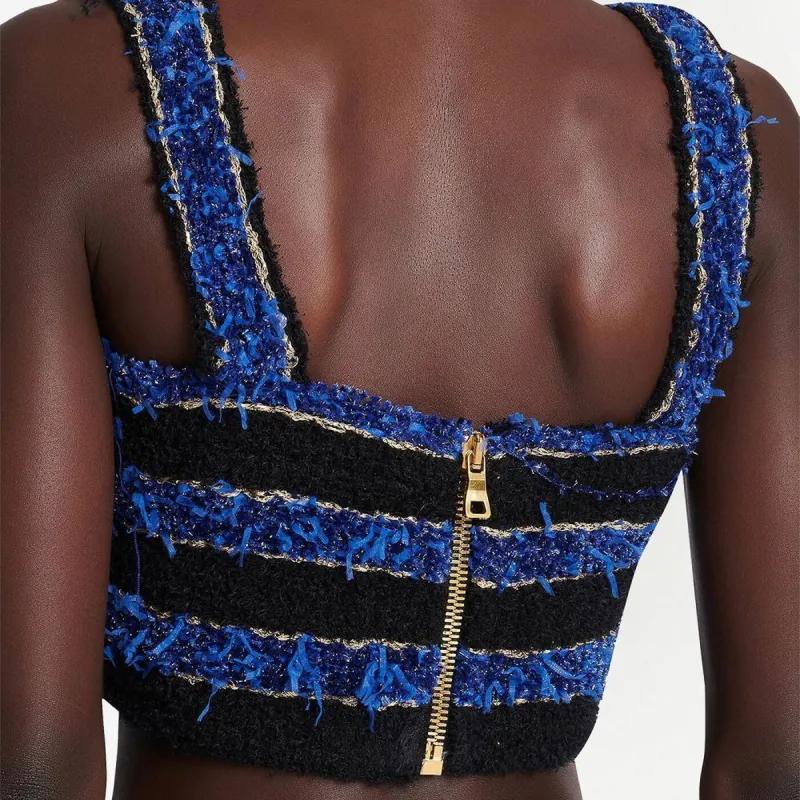 BALMAIN Button Detailed Tweed Sleeveless Cropped Top-4