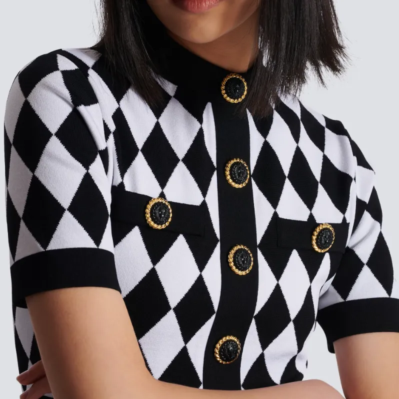 BALMAIN Diamond Patterned Knitted Cropped Top-5