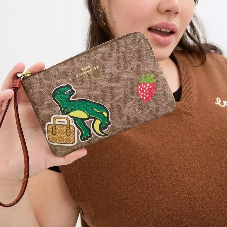COACH Corner Zip Coated Canvas Clutch Small Size Women's Tan Multicolor-3