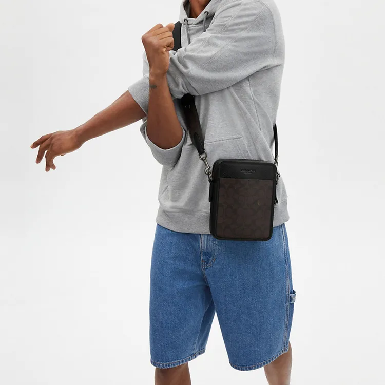 COACH Sullivan Coated Canvas Crossbody Bags Trumpets Men's Walnut Wood & Black-4