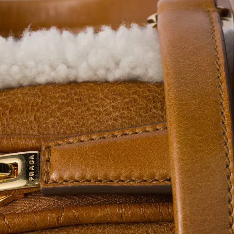 PRADA Shearling Handbag Shoulder Bag Medium Size Women's Cognac White/Blue Geometric Natural-5