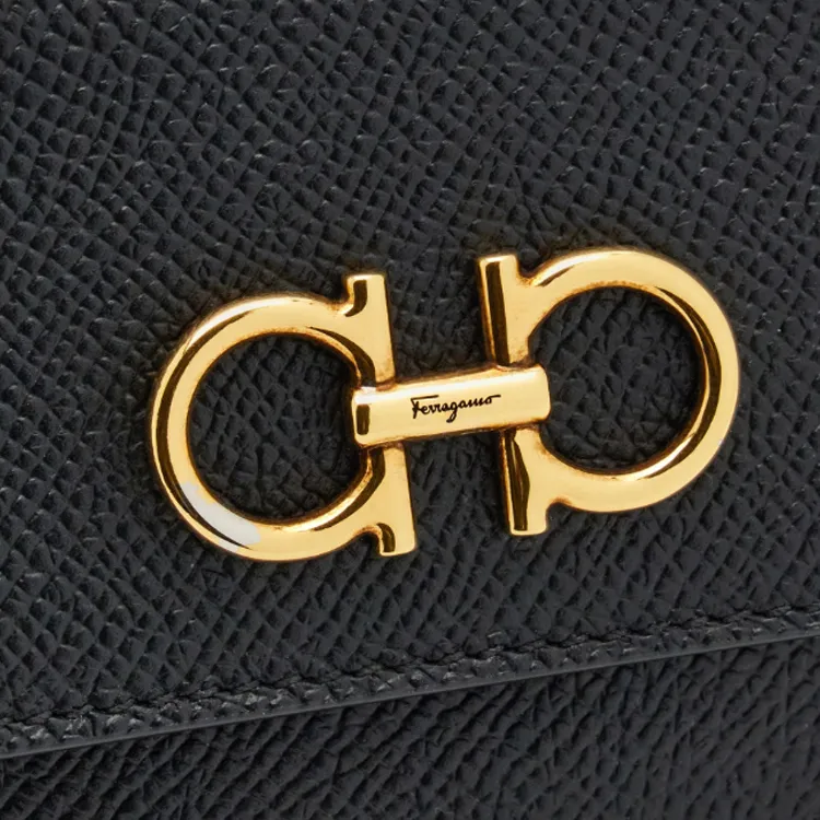 FERRAGAMO GANCINI Calfskin Card Clip Card Holder Women's Black-4
