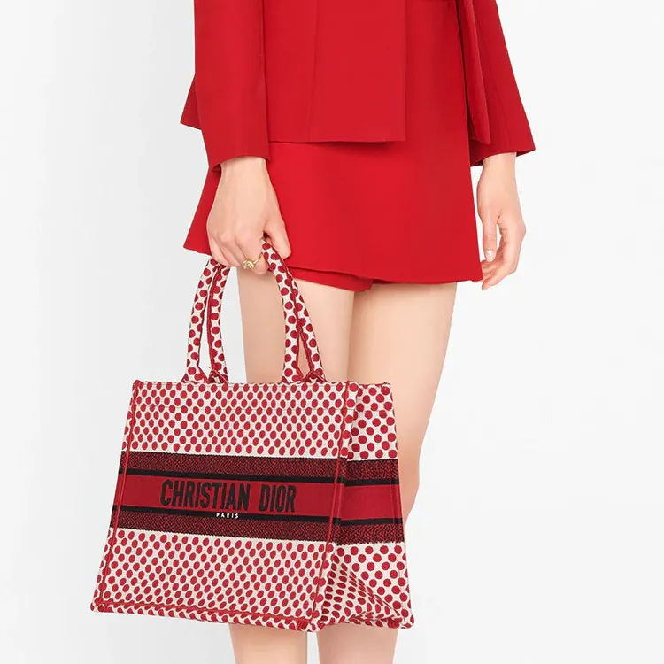 DIOR BookTote Embroidery Totes Handbags Small Size Women's Red-5