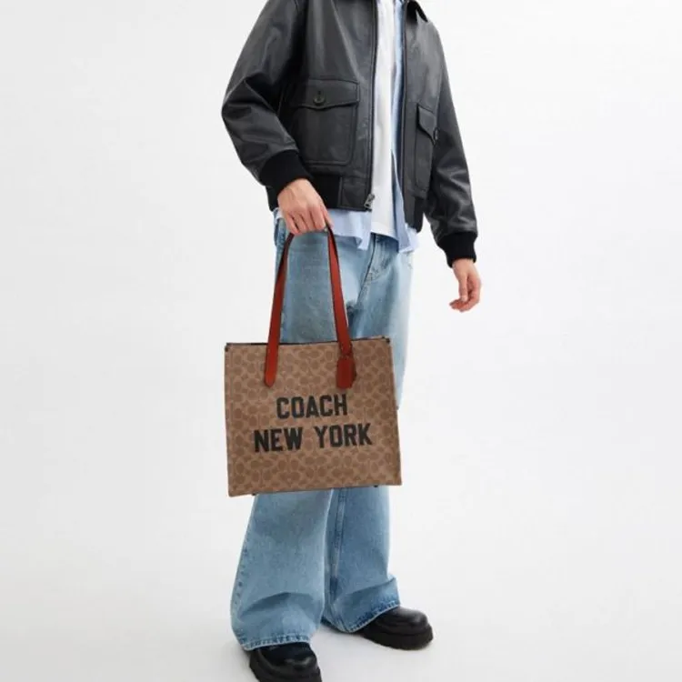 COACH Relay Artificial Leather With Cow Leather Tote Bag Shopping Bag Shoulder Bags Large Size Men's Brown Yellow-3