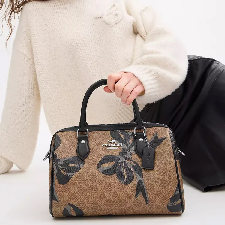 COACH Rowan Coated Canvas Crossbody Handbag Medium Size Women's Tan & Black-4