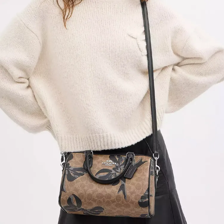 COACH Rowan Coated Canvas Crossbody Handbag Medium Size Women's Tan & Black-3