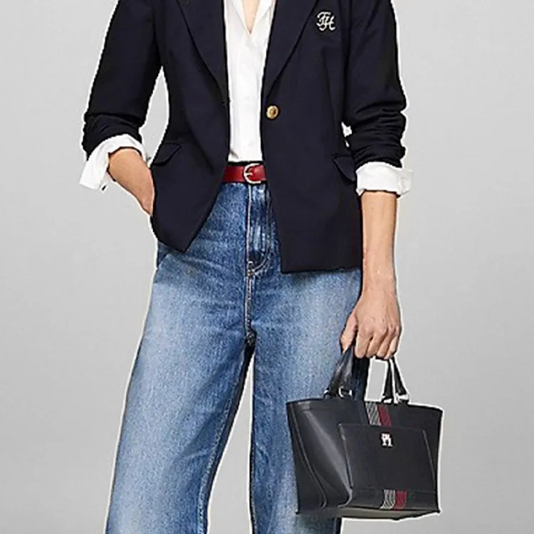 Tommy Hilfiger TH Monogram Polyurethane Tote Bag Shopping Bag Shoulder Bag Handbag Small Size Women's Space Blue-4