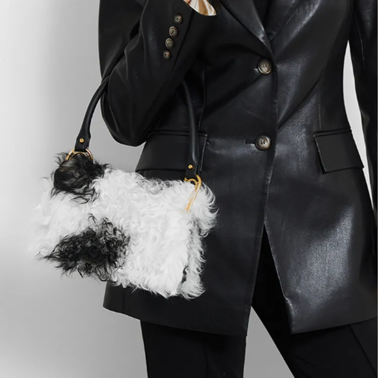 APEDE MOD Shearling Cow Leather Square Bag Shoulder Bag Handbag Shoulder Bag Women's Black/White Shag-2