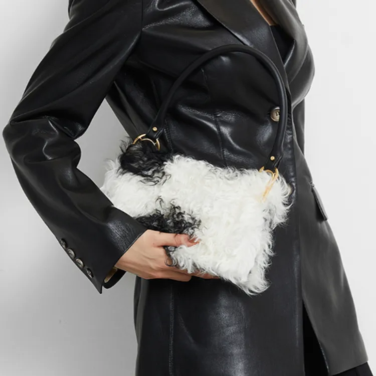 APEDE MOD Shearling Cow Leather Square Bag Shoulder Bag Handbag Shoulder Bag Women's Black/White Shag-3