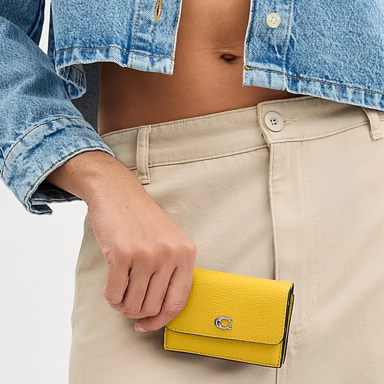 COACH Trifold Wallet Polished Pebbled Leather Wallet Mini Women's Yellow-2
