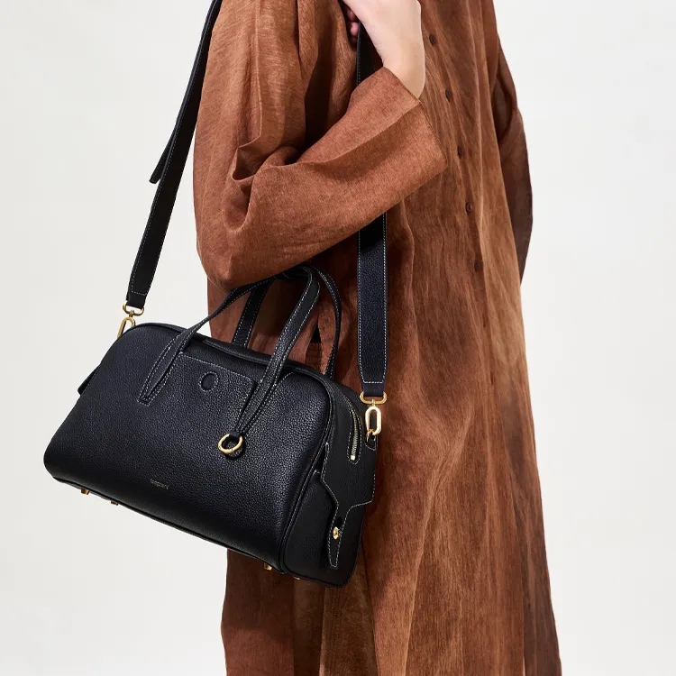 Songmont Cow Leather Bowling Ball Boston Bag, Shoulder Bag, Crossbody Bag, Handbag Trumpets Unisex Smoky Ink Black-3