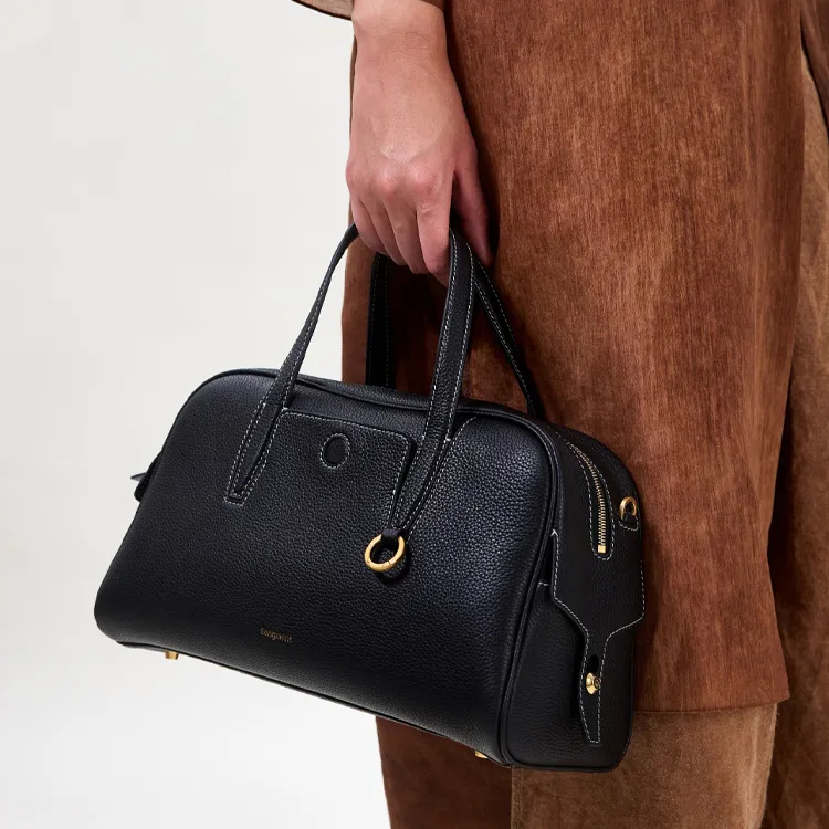 Songmont Cow Leather Bowling Ball Boston Bag, Shoulder Bag, Crossbody Bag, Handbag Trumpets Unisex Smoky Ink Black-2