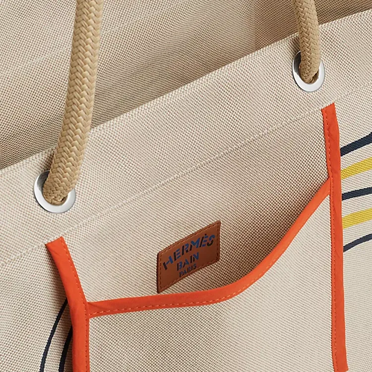 HERMES Medaille Quadrige 100% Cotton Beach Bag, Tote Bag, Shopping Bag, Handbag Women's Blue & Yellow & Pink-3