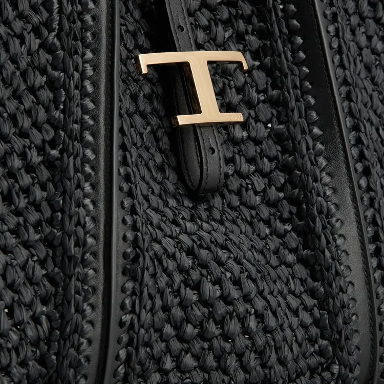 TOD'S T Timeless Raffia Tote Bag, Shopping Bag, Shoulder Bag, Crossbody Bag, Handbag Medium Size Women's Black-4