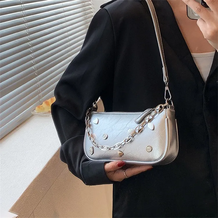 NOMK PU Shoulder Bag, Baguette Bag, Small Square Bag, Shoulder Bag, Crossbody Bag Regular Women's Silver-2