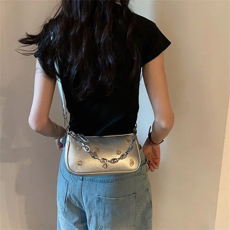 NOMK PU Shoulder Bag, Baguette Bag, Small Square Bag, Shoulder Bag, Crossbody Bag Regular Women's Silver-5