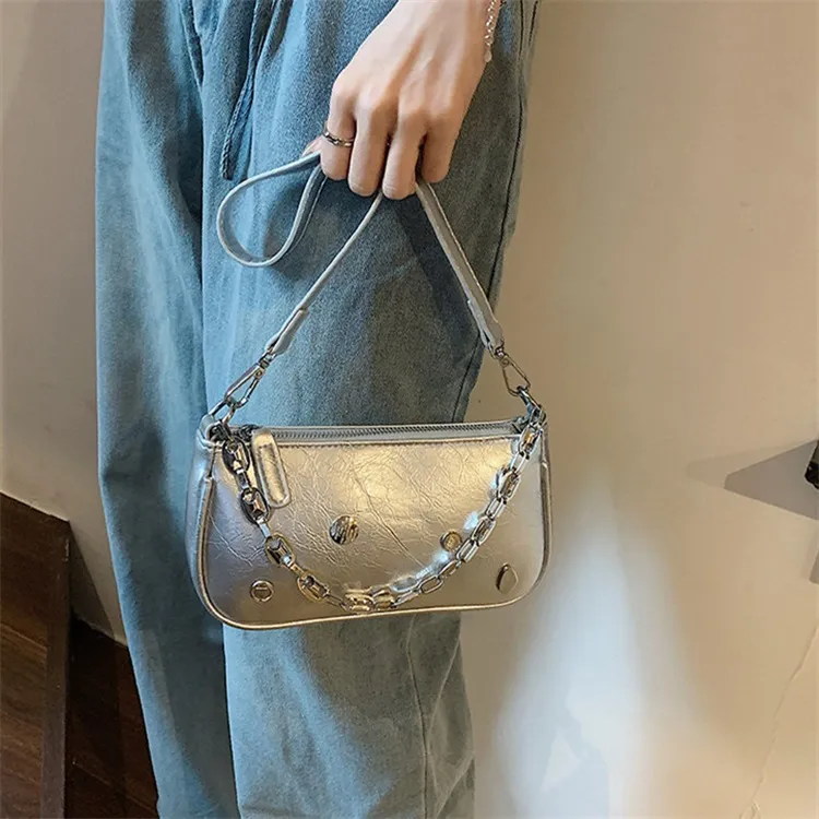 NOMK PU Shoulder Bag, Baguette Bag, Small Square Bag, Shoulder Bag, Crossbody Bag Regular Women's Silver-6