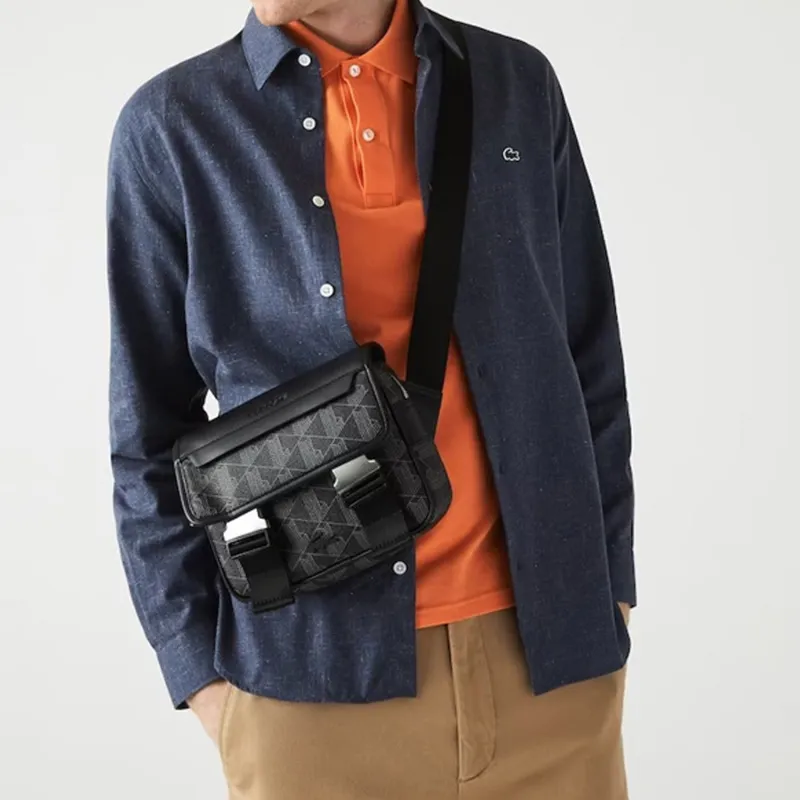 LACOSTE PVC Messenger Bag, Shoulder Bag, Crossbody Bag Regular Men's Black/Iron Gray-5