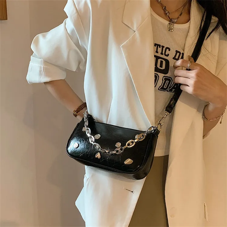 NOMK PU Shoulder Bag, Baguette Bag, Small Square Bag, Shoulder Bag, Crossbody Bag Regular Women's Silver-15