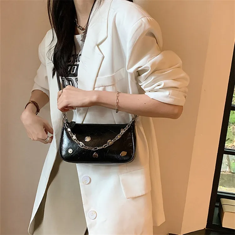 NOMK PU Shoulder Bag, Baguette Bag, Small Square Bag, Shoulder Bag, Crossbody Bag Regular Women's Silver-13