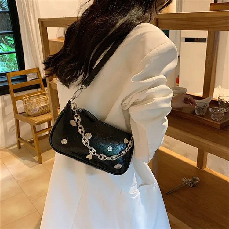 NOMK PU Shoulder Bag, Baguette Bag, Small Square Bag, Shoulder Bag, Crossbody Bag Regular Women's Silver-11